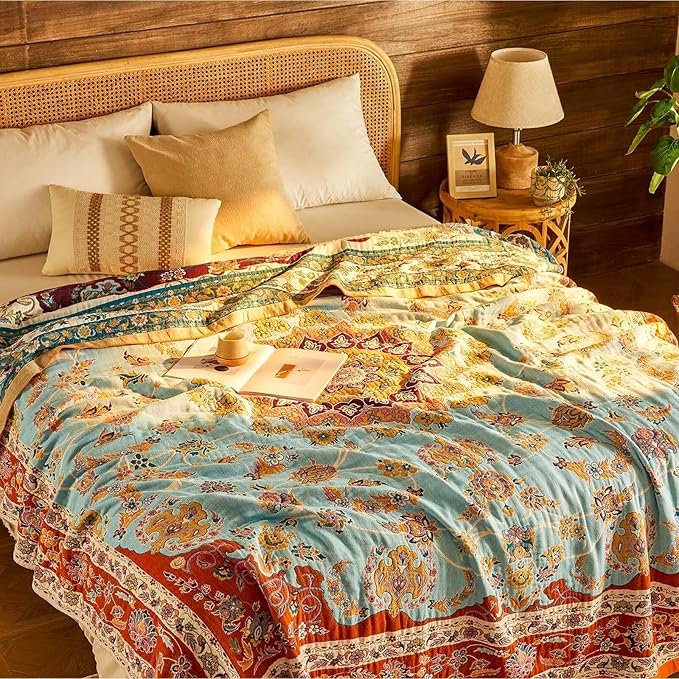 Boho Throw Blanket 100% Cotton Muslin Woven Blanket Bohemian Bed Throws Vintage Rustic Farmhouse Decor Reversible Bed Blanket Quilt for All Seasons（Yellow 80"x90"）