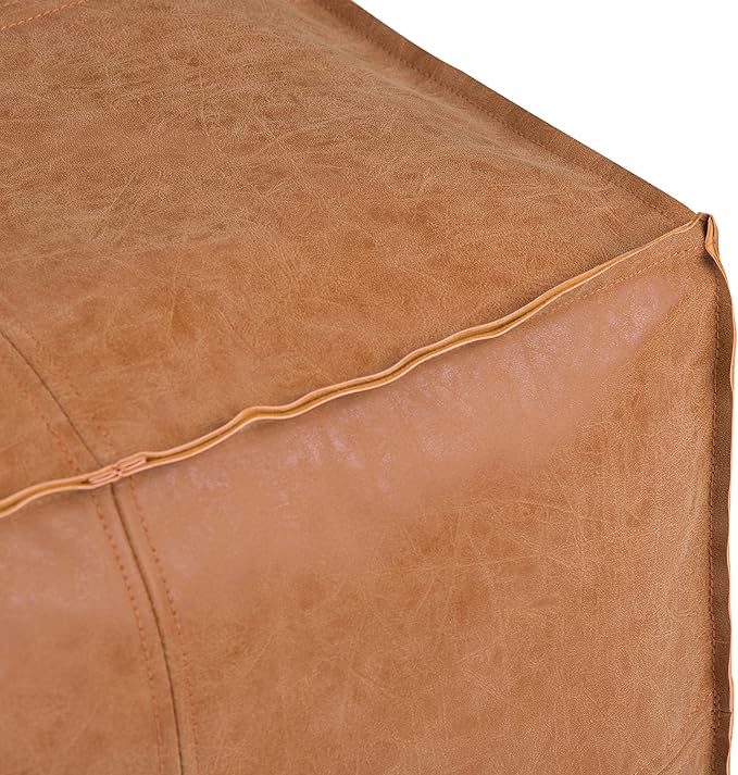SIMPLIHOME Brody Square Pouf - 18 inch Wide Upholstered Vegan Leather Ottoman in Distressed Brown, Boho Footstool, Coffee Table or Extra Seating for Living Room or Bedroom, Assembled