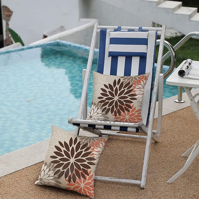 DFXSZ Brown Red Orange Pillow Covers 20x20 Inch Set of 2 Flower Throw Pillows Outdoor Waterproof Decor for Living Room Couch Patio Funiture Garden Modern Floral Polyester Pillow Covers 002A20