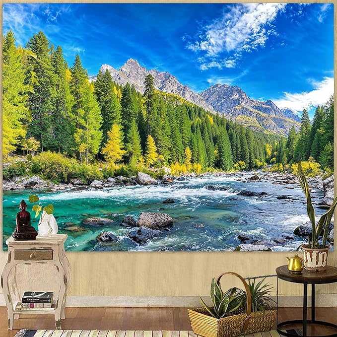 Accnicc Nature Forest Mountain Tapestry Green Pine Tree Wall Tapestry for Bedroom Aesthetic Woods Flowing River Landscape Small Tapestries Wall Hanging for Dorm Living Room Decor 60 x 44 Inch