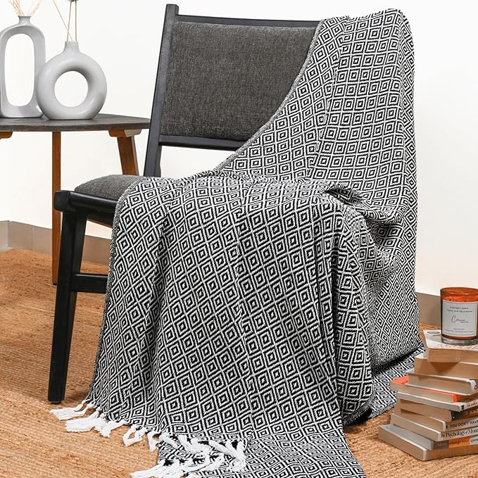 RAJRANG Black Throw Blanket Woven Country Rustic All Weather 100% Cotton Knitted Luxury Sofa Couch Bed Throws Mini Diamond 50 x 60 Inches