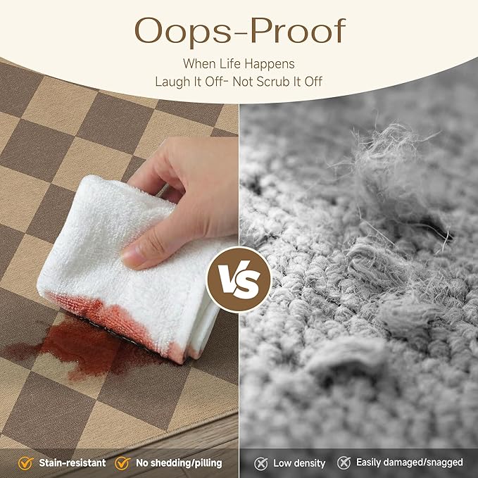 Checkered Round Rugs 6ft, Outdoor Patio Easy Jute Rug Indoor Outdoor Circle Carpet, Farmhouse Nature Non Shedding Non Slip Washable Brown Carpet for Living Room Entry Deck