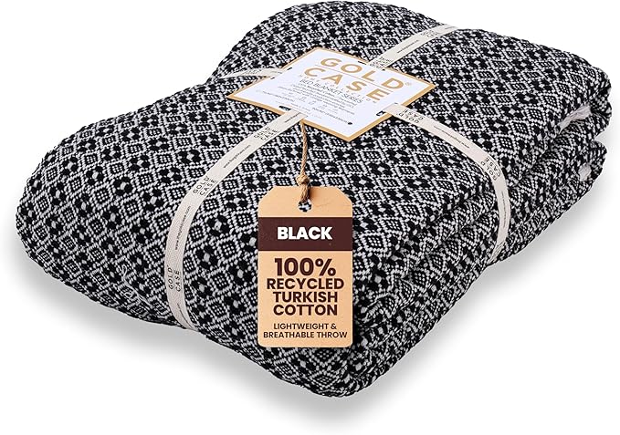 Gold Case Throw Blanket for Bed - 100% Recycled Turkish Cotton Blanket - Retro Lightweight Soft Throw Blankets for Bed & Living Room - Queen Size Cozy Blankets - 90x90 - Black