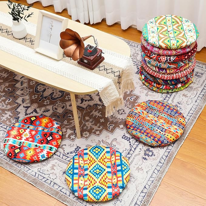 Nuogo 12 Pcs Bohemian Floor Cushions Bulk 15 Inch Boho Floor Sitting Meditation Pillows Yoga Mandala Meditation Pouf for Living Room Balcony Office Tatami(Round)