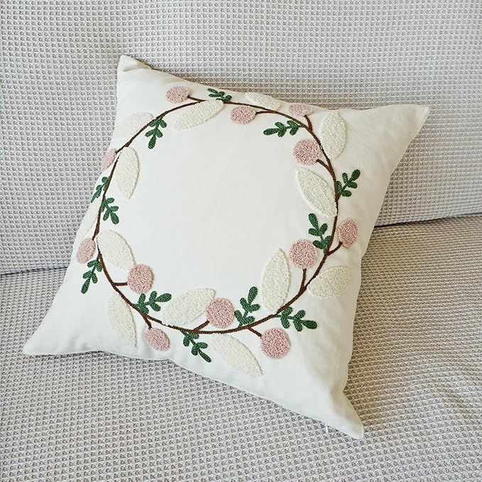 vctops Floral Embroidered Pillow Covers 18x18 Inch Spring Summer Cotton Tufted Throw Pillow Cover Outdoor Garden Cushion Case for Sofa, Bed, Living Room (Flower B,18"x18")