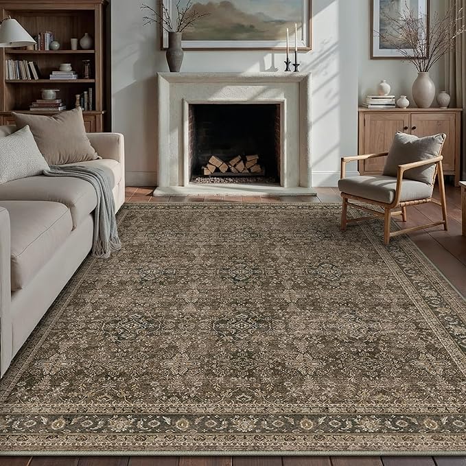 8x10 Area Rug for Living Room Brown Vintage Washable Bedroom Carpet Traditional Distressed Soft Non Slip Indoor Large Accent Rug Retro Thin Low Pile Floor Cover for Dining Room Playroom