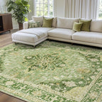 Area Rugs 9'x12' Washable Non-Slip, Floral Vintage Distress Print Pattern Medallion Carpet for Living Room Bedroom Dining Room, Sage Green Yellow