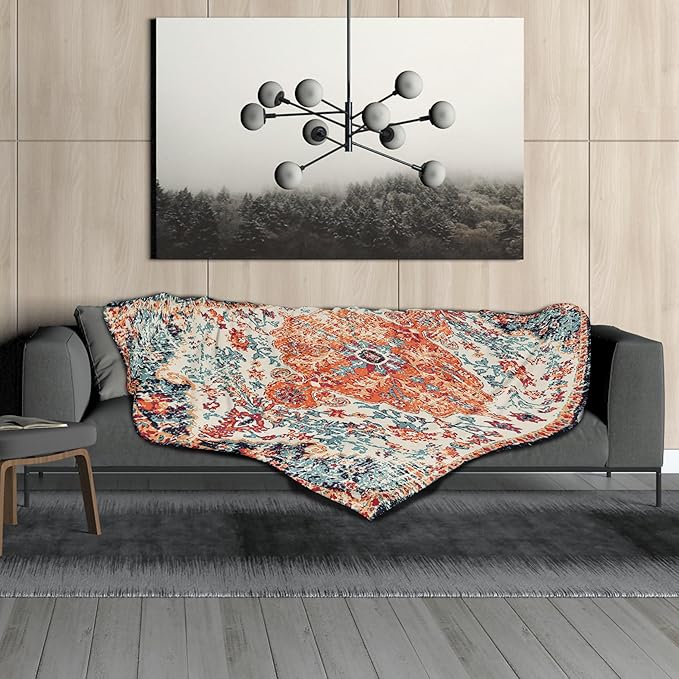 Orange Blue Boho Blanket Soft Flannel Lightweight Rust Teal Bohemian Throw Blanket Cozy Warm Vintage Aztec Carpet Blankets All Seasons Living Room Decor for Couch Chair Bed Sofa Office 40x50 inch