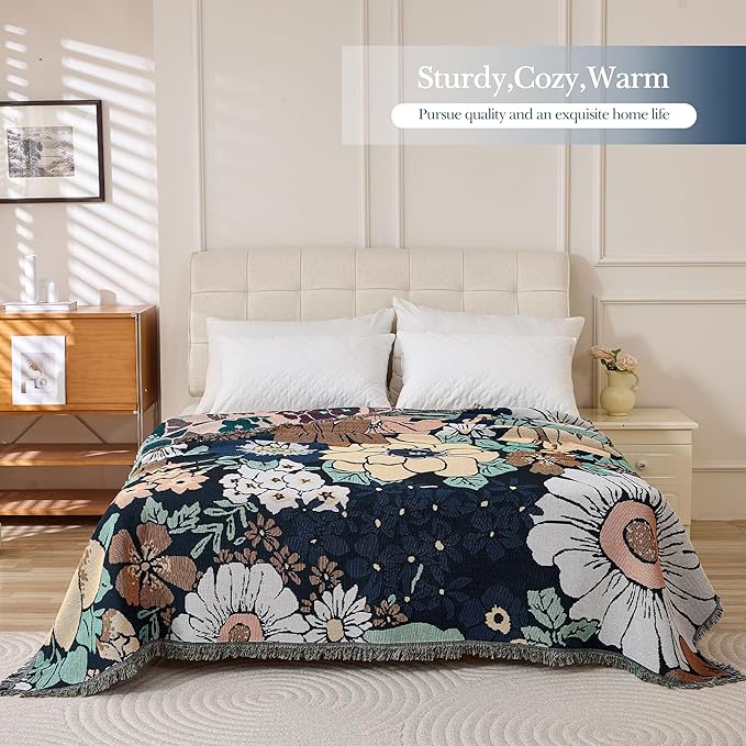 Boho Throw Blanket, 100% Handwoven Cotton Southwestern Farmhouse Floral Decor Reversible Blanket, All Season Throw for Sofa Bed Tapestry Outdoor Camping Picnic. 71″×134″