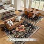 Area Rugs 5'x7' Washable Non-Slip, Floral Vintage Distress Print Pattern Medallion Carpet for Living Room Bedroom Dining Room, Black Colorful Floral Dark Tan