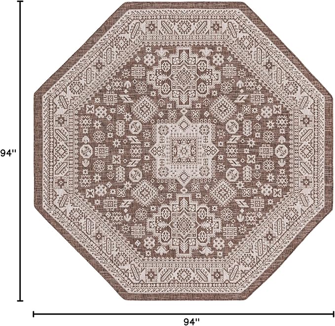 Rugs.com Outdoor Aztec Collection Rug – 8 Ft Octagon Brown Flatweave Rug Perfect for Living Rooms, Kitchens, Entryways