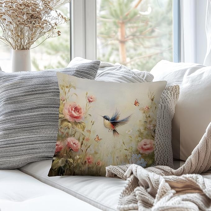 Vintage Spring Hummingbird Floral Pillow Cover 20x12 Double-Sided,Rustic Cottagecore Decor,French Country Spring Wildflower Bird Decorative Throw Pillow Cover for Couch Bed Bedroom Living Room