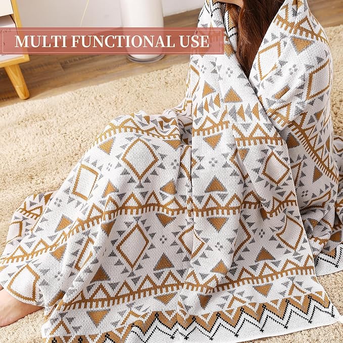 Knitted Queen Size Throw Blanket - Lightweight Breathable Summer Soft Blanket of Polyester Imitation Cotton for Anti-Static,Luxury Throws for Bed, Couch and Sofa,Yellow Tassel Pattern