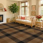 JTJ Brown Large Checkered Area Rug for Living Room - Washable 8x10 Easy Jute Plaid Rug for Dining Room Under Table, Black Striped Outdoor Porch Mat, Non Slip Foldable Neutral Earthy Rustic Décor