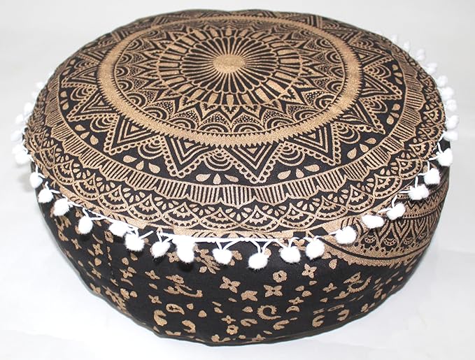 INDIAN CRAFT CASTLE ICC Mandala Barmeri Large Floor Pillow Cover Cushion Meditation Seating Ottoman Throw Cover Hippie Decorative Zipped Bohemian Pouf Ottoman Cases Black Gold, 24" Round