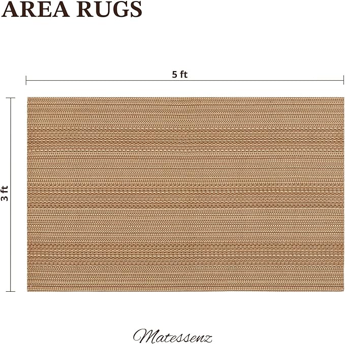 3x5 ft Washable Area Rug, Textured Natural Woven Low-Profile Entryway Rug with Non-Slip Backing, Neutral Light Brown Accent Rug for Bedroom, Living Room