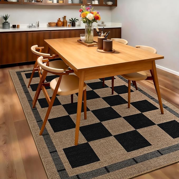 Checkered Jute 5x7 Area Rugs, Washable Outdoor Patio Rug Living Room Bedroom Indoor Carpet, Non Slip Modern Farmhouse Design Neutral Geometric Office Porch Balcony Dining Room Mat, Black and Brown