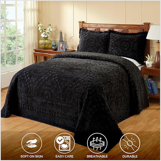 Better Trends 3 Pieces Set Chenille Bedspread Full/Double Size 100% Cotton Chenille Bedding Lightweight Medallion Pattern Bedroom Decor Rio Collection