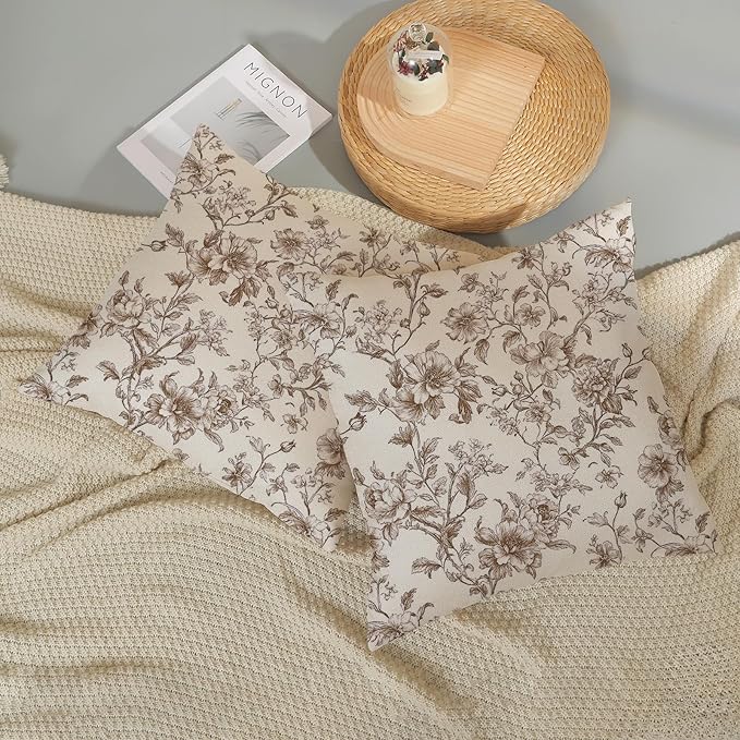 Brown Pillow Covers 24x24 Set of 2 Brown and Cream Floral Chinoiserie Throw Pillows Vintage Rustic Toile Flower Decorative Pillow Cases Outdoor Chinoiserie Decor Cushion Case for Couch Sofa