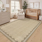 GarveeHome Scalloped Washable Area Rug 6x9 Rugs for Living Room Soft Low-Pile Solid Tan Jute Digital Printing Thin Carpet for Bedroom Dining Nursery Non Slip Mat with Rubber