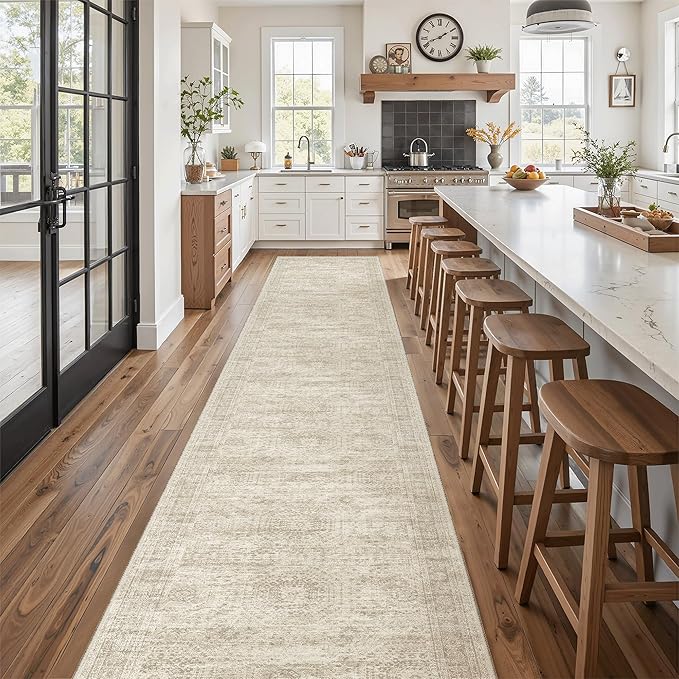 Runner Rug 2'6" x 14' Washable Non-Slip Runner Rugs for Kitchen Bathroom Laundry Room Vintage Ultra Thin Runners for Hallway Entryway Beige