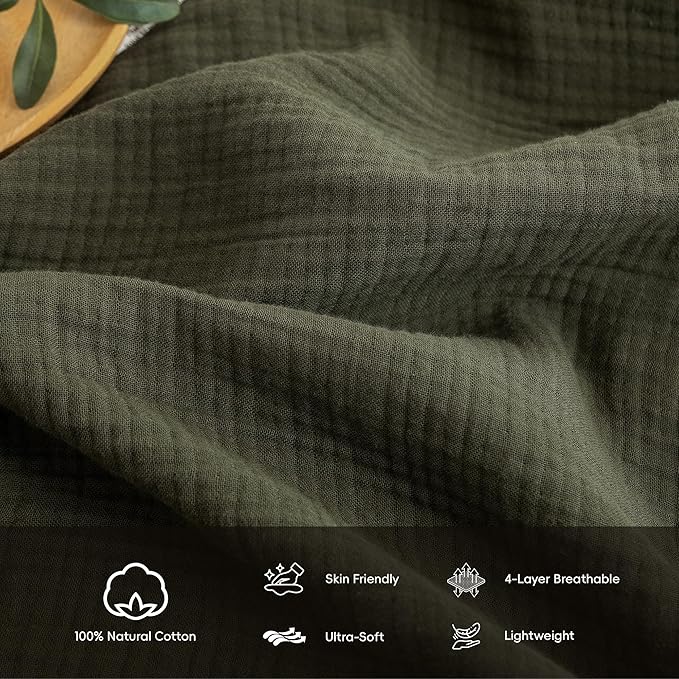 FOSSA Muslin Blanket with Fringe - 4-Layer 100% Cotton Gauze Super Soft & Breathable Throw -Lightweight Decorative Cooling Blanket for Bed, Sofa, Office (Olive Green, Throw (60" × 50"))