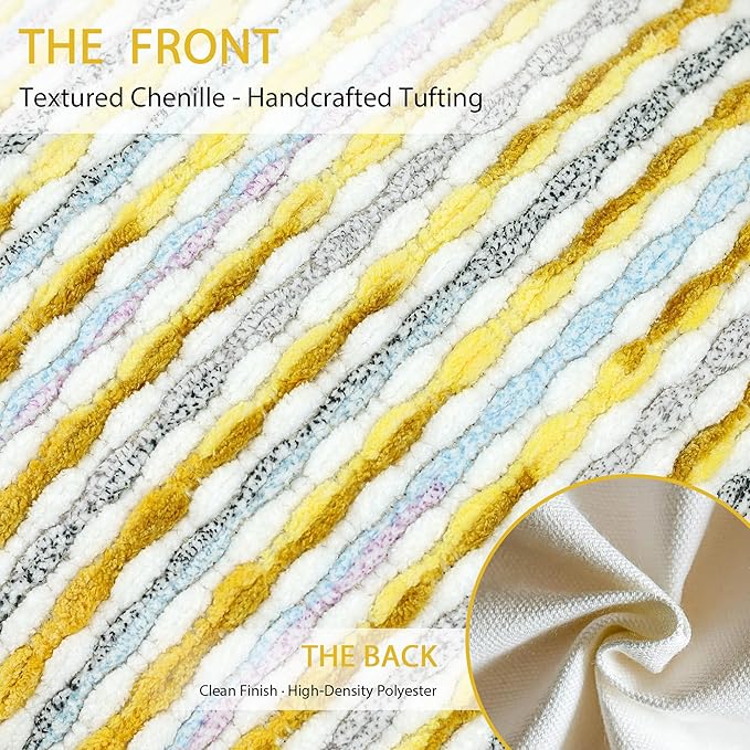 Boho Decorative Throw Pillow Covers 12x20 Inch, Chenille Tufted Pillow Cover Striped Textured Lumbar Farmhouse Accent Pillowcase for Couch Sofa Bedroom Living Room, Yellow White Stripe 2 Pack