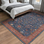 Dark Blue & Terracotta 5x8 Living Room Rug - Machine Washable Area Rugs for Bedroom, Dining Room, Kitchen Floor, Small Office, Low Pile Non-Slip Rubber Backing & Stain Resistance