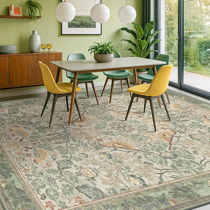 Floral Washable Large Rugs for Bedroom 10x14 - Sage Green Soft Area Rug for Dining Room Under Kitchen Table, Living Room, Playroom, Folable Non Skid Low Pile Indoor Carpet