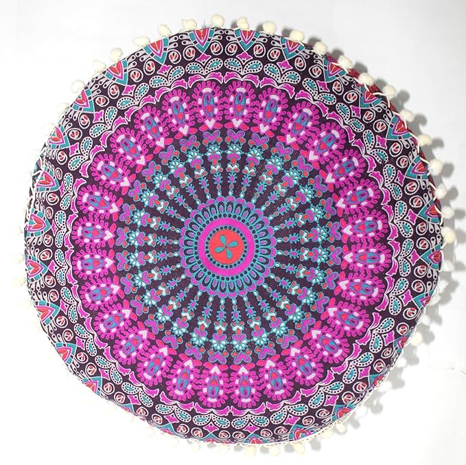 CRAFT KALA Pink Peacock Large Hippie Mandala Meditation Floor Ottoman Pillow Cushion Pouf Cover Square Poufs Bohemian Circle Floor Cushion Case Outdoor Fireplace Yoga Living Room Decor Cover 16" Round