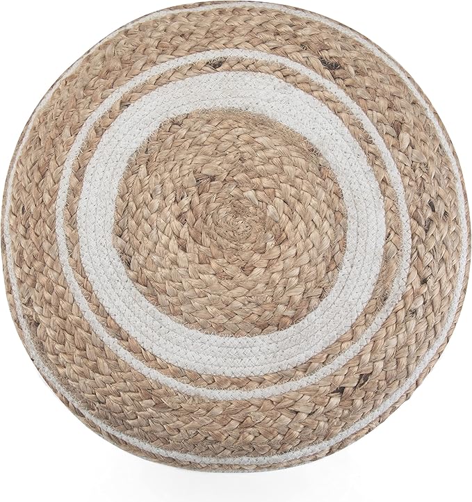 SIMPLIHOME Serena Round Braided Pouf - 18 inch Wide Upholstered Jute and Cotton Ottoman in Natural, Boho-Style Footstool or Extra Seating for Living Room with Polystyrene Bead Filling, Assembled