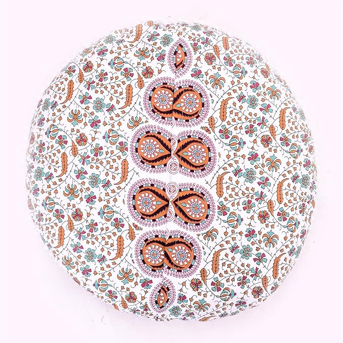 Indian round floor pillow Mandala Floor Pillow Cover Seating Cushion Throw Cover Hippie Decorative Bohemian Ottoman Pouf Cover, Pom Pom Pillow Cases ,Boho 32" Musturd Inches