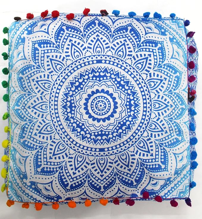 CRAFT KALA 16" Square Large Hippie Mandala Meditation Floor Ottoman Pillow Cushion Pouf Cover Square Poufs Bohemian Circle Floor Cushion Case Outdoor Fireplace Yoga Living Room Decor Cover Blue Ombre