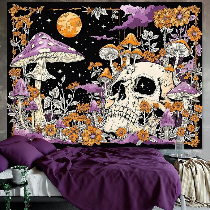 Lifeella Skull Mushroom Tapestry, Gothic Hippie Skeleton Wall Hanging for Bedroom Living Room Dorm Decor, Purple Orange 60x80 inches
