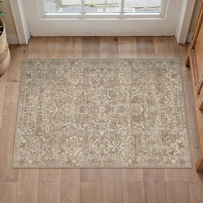 HUGEAR 2x3 Entryway Area Rug Light Brown Small Rug Machine Washable Door Mat Vintage Floral Low Pile Carpet Vacuumable Distressed Throw Rug Entrance Kitchen Bathroom Bedroom Non Slip Lightweight