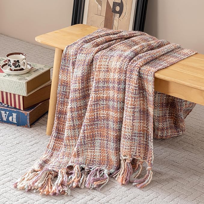 Soft Neon Color Knit Throw Blanket with Tassels, Cozy Boho Home Decro Throw for Sofa Couch Chair Bed, 50X60 Inch, Machine Washable, Pink Color Scheme