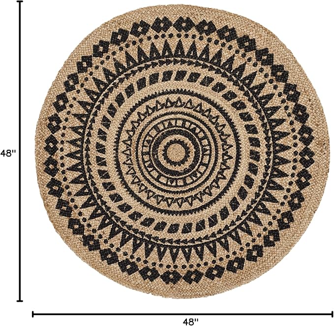 SAFAVIEH Natural Fiber Collection Area Rug - 4' Round, Black & Natural, Handmade Boho Mandala Braided Jute, Ideal for High Traffic Areas in Living Room, Bedroom (NF802K)