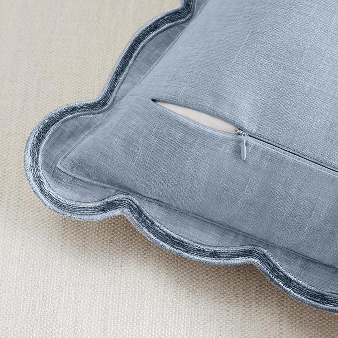 Scalloped Pillow Cover Pack of 2 Spring Chenille Decorative Throw Pillow Covers Cute Boho Couch Pillow Covers Aesthetic Funky Preppy Pillow Cases for Sofa Living Room (Misty Blue, 18x18 Inch)