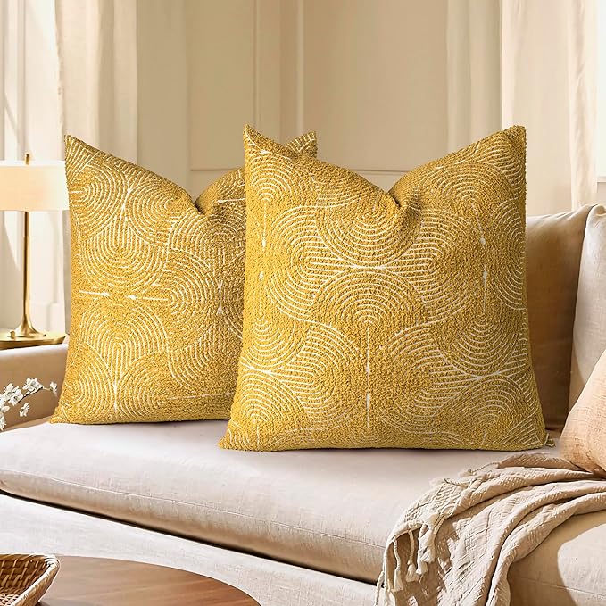AELS Boho Decorative Textured Throw Pillow Covers 24x24, Organic Modern Mid Century Rainbow Tufted Pillow Case, Farmhouse Rustic Geometric Woven Cushion Case for Bed Couch Sofa, Mustard Yellow