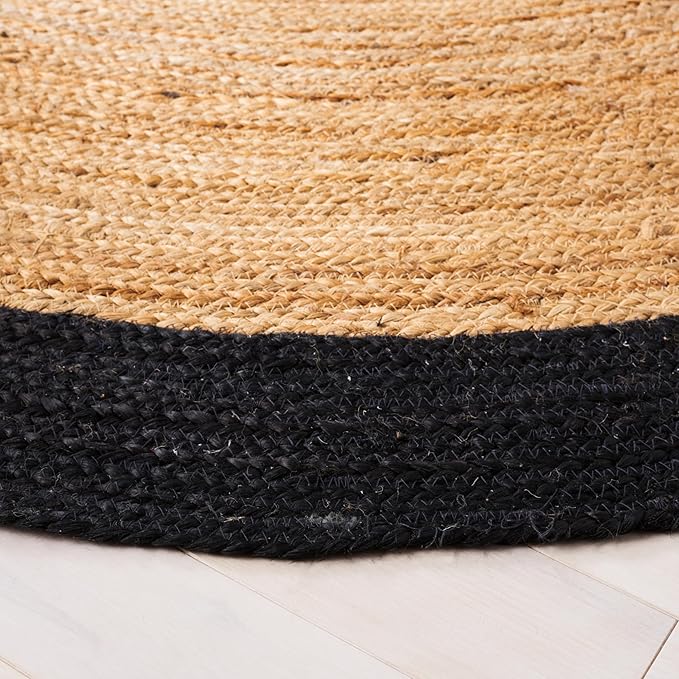 SAFAVIEH Natural Fiber Collection Area Rug - 6' Round, Natural & Black, Handmade Flat Weave Boho Farmhouse Rustic Border Jute, Ideal for High Traffic Areas in Living Room, Bedroom (NFB852Z)