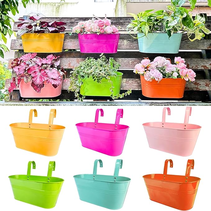 LaLaGreen Outdoor Hanging Planter (11.2 Inch, 6 Pack) Light Blue, Green, Neon Pink, Yellow, Orange, Peachy Pink Metal Iron Window Box Flower Pot Deck Railings Fence Rail Bucket Porch Home Garden Decor