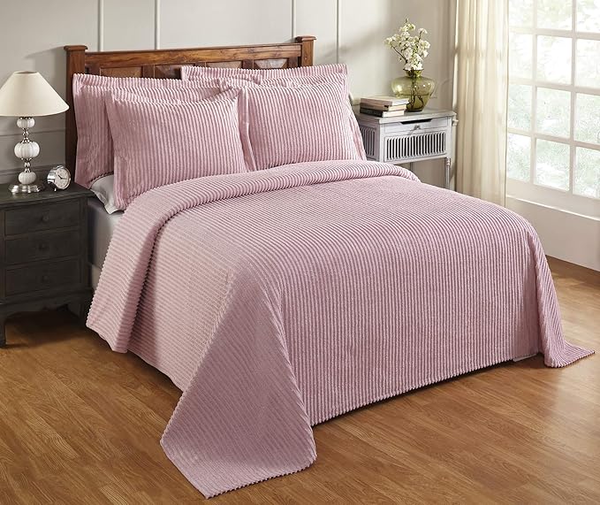 Better Trends Chenille Bedspreads Full/Double Size, Pink 100% Cotton Chenille Stripe Design Tufted Bedding Coverlet Soft Lightweight, 96"x110" with 2 Sham, 3 Pieces Set Jullian Collection