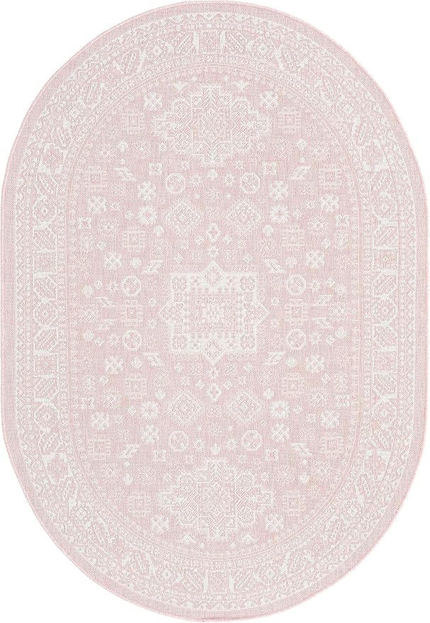 Rugs.com Outdoor Aztec Collection Rug – 5' x 8' Oval Pink Flatweave Rug Perfect for Living Rooms, Large Dining Rooms, Open Floorplans