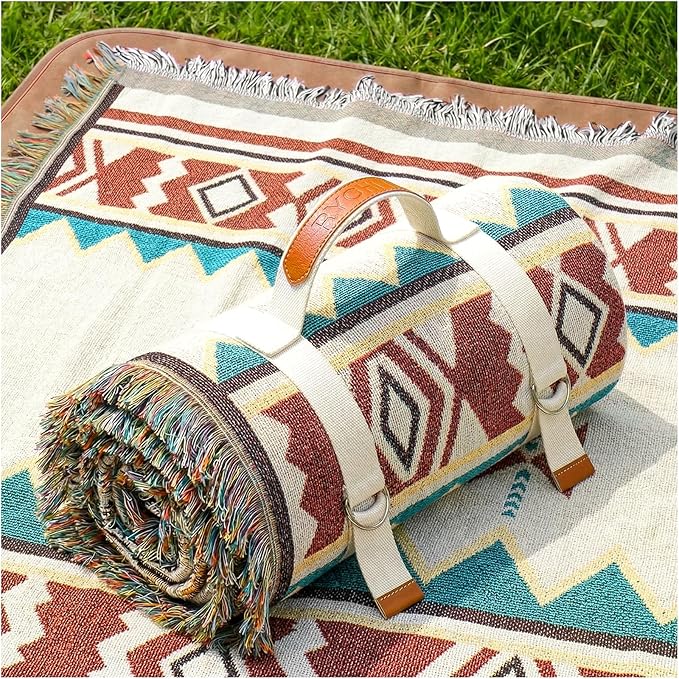 2 in 1 Extra Large Outdoor Picnic Mat Woven Summer Throw Blanket Boho Giant Beach Travel Essential Yoga Accessories Park Patio Lawn Garden Grass Ground Play Music Festival Concert Must Have