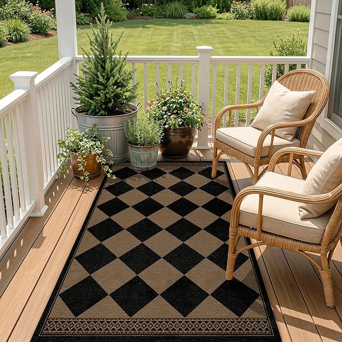 Easy Jute Indoor Outdoor Rug 3x5, Brown Black Checkered Patio Front Porch Rug Decor, Diamond Laundry Room Floor Mats, Boho Border Washable Non Slip Mat for Entryway, Kitchen, Backyard, Farmhouse Style
