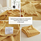 Simple&Opulence Cotton Muslin Throw Blanket 4 Layers for Bed, Couch, Woven Gauze Blanket with Tassels, Soft Lightweight Cozy Pre-Washed Breathable Farmhouse Decoration for All-Season(Yellow)