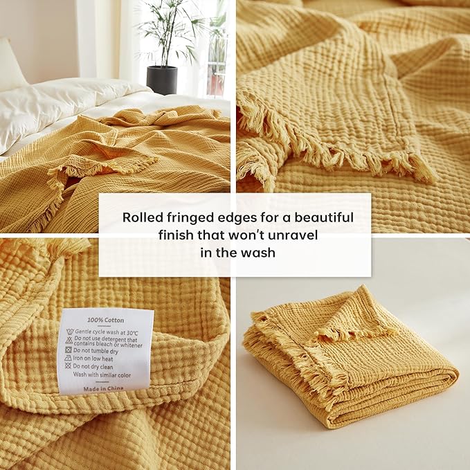 Simple&Opulence Cotton Muslin Throw Blanket 4 Layers for Bed, Couch, Woven Gauze Blanket with Tassels, Soft Lightweight Cozy Pre-Washed Breathable Farmhouse Decoration for All-Season(Yellow)