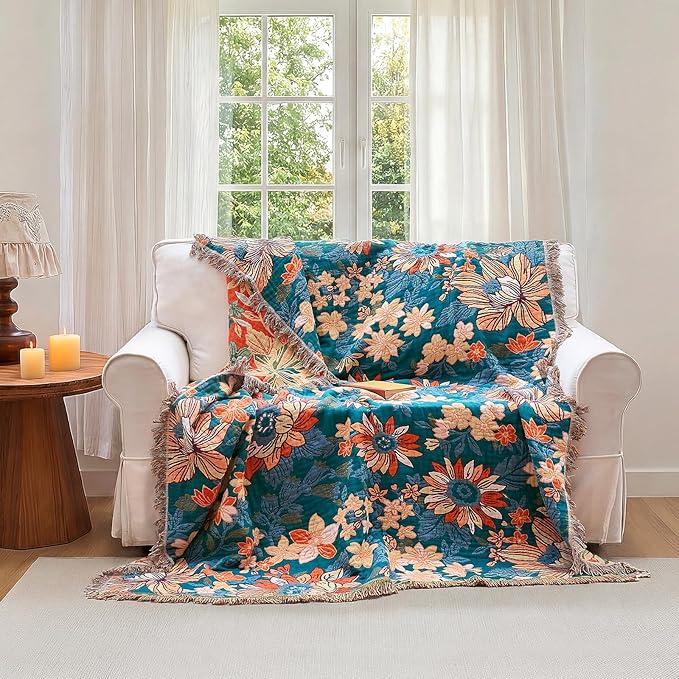 Boho Throw Blanket - 100% Cotton Ultra Soft Muslin Blanket, 60"x80" Lightweight Floral Framhouse Bedding Spring Blanket for Bed, All Season Green Bohemian Bedroom Home Decor Quilt