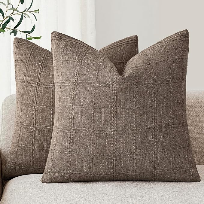 Foindtower Set of 2 Decorative Linen Check Throw Pillow Covers Neutral Farmhouse Vintage Cushion Covers Modern Boho Home Decor for Sofa Chair Couch Bedroom Living Room,18×18 Inch,Taupe Grey