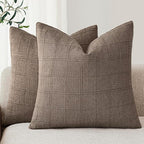 Foindtower Set of 2 Decorative Linen Check Throw Pillow Covers Neutral Farmhouse Vintage Cushion Covers Modern Boho Home Decor for Sofa Chair Couch Bedroom Living Room,20×20 Inch,Taupe Grey